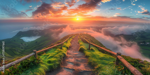 A path leading to the horizon in top of mountain landscape background at sunset, natural view top of hill