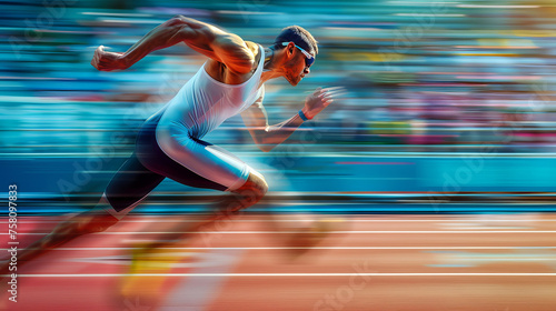 Speeding athlete on a sprint track showcasing motion and determination in a dynamic blur of movement