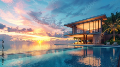 Sunset serenity: modern luxury villa with infinity pool in tropical beach resort