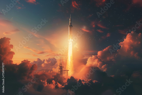 Rocket launch into dramatic twilight sky as a metaphor for innovation, exploration, and progress, symbolizing achievement and exploration