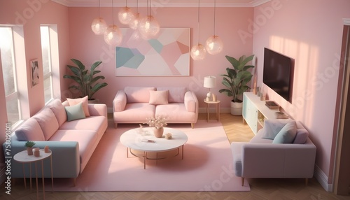 An isometric living room design characterized by its high-detail textured surfaces, pastel-colored décor, and intricate lighting effects, rendered with advanced ray tracing technology.