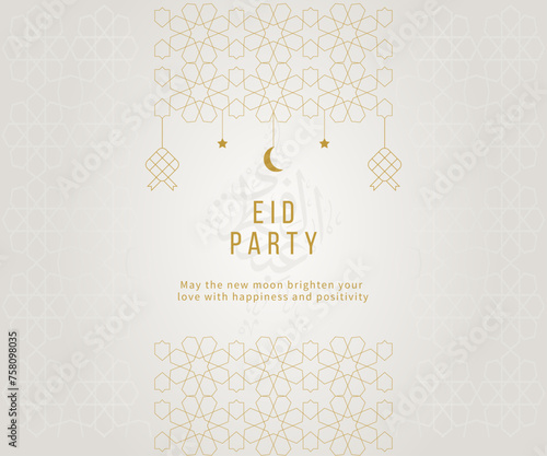 Eid Mubarak Party Islamic Greeting Card Background with Calligraphy and line lantern vector illustration.