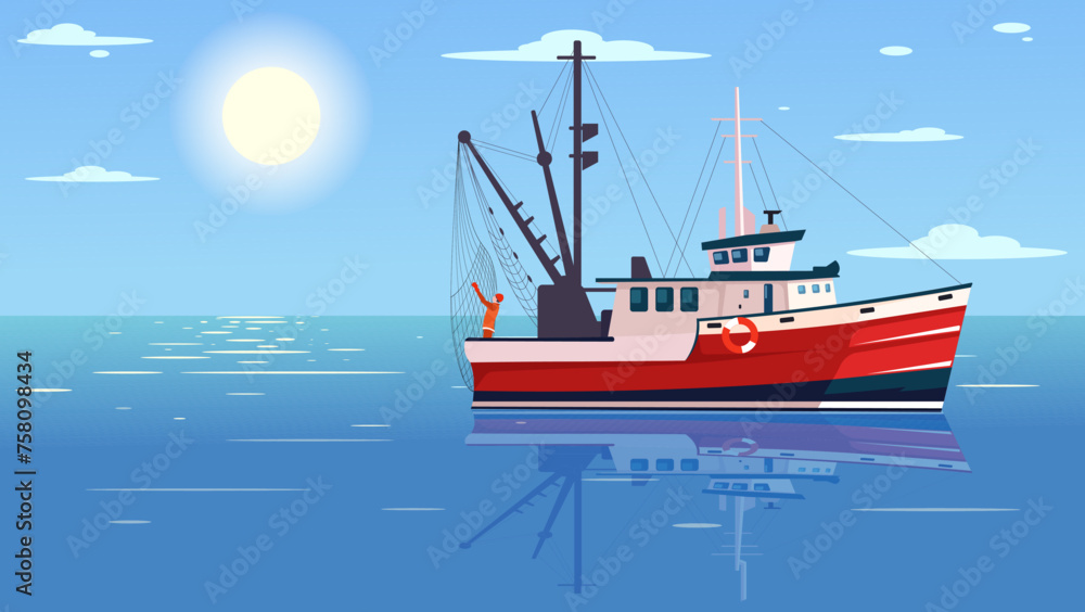 Seiner ship, work in ocean, seascape, sunrise, large boat, nautical maritime adventure. Concept of atlantic fishing vehicle. Gifts of the sea. Vector illustration Seiner ship, work in ocean, seascape, sunrise, large boat, nautical maritime adventure. Concept of atlantic fishing vehicle. Gifts of the sea. Vector illustration