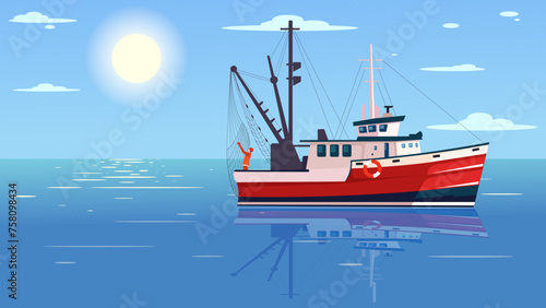 Seiner ship, work in ocean, seascape, sunrise, large boat, nautical maritime adventure. Concept of atlantic fishing vehicle. Gifts of the sea. Vector illustration