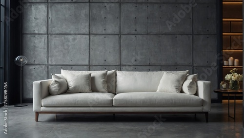 White sofa against concrete paneling wall, Minimalist, loft urban home interior design of modern living room