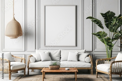 Experience the Beauty of Interior Styling with a Captivating Living Room Mockup Decor Featuring a Blank Frame