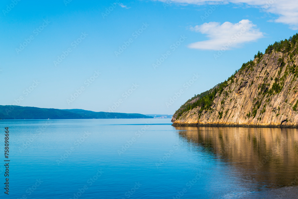 Saint-Rose-du-Nord, Canada - August 14 2019: Saguenay valley view from the dock of Sainte-Rose-du-Nord