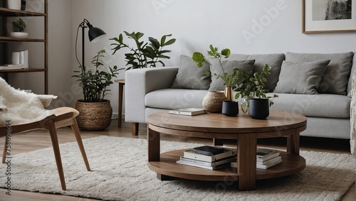 Round wood coffee table against white sofa, Scandinavian home interior design of modern living room © SR Production