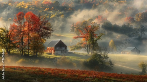 Foggy autumn morning in rural vermont: scenic landscape with misty atmosphere