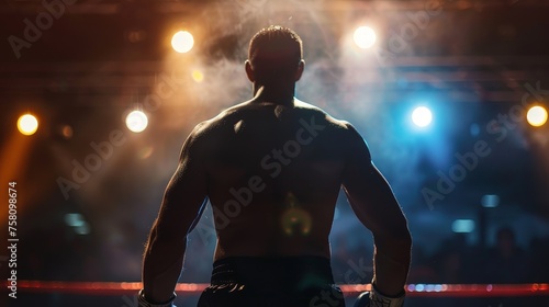 Professional boxer fight in ring with spot lighting