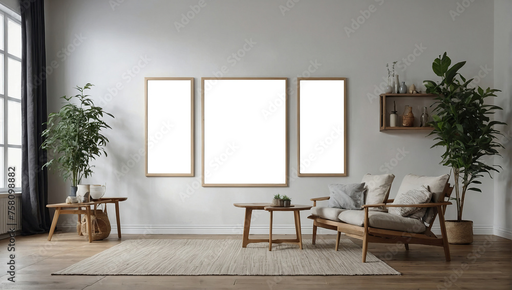 Modern scandinavian interior living room, Three empty frame, Empty wall mockup in white room with wooden floor and lots of dry plants Modern scandinavian interior living room, Three empty frame, Empty wall mockup in white room with wooden floor and lots of dry plants