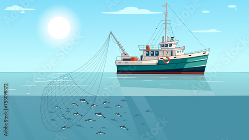 Seiner ship with fishing net catching fish, work in ocean, seascape, sunrise, large boat, nautical maritime adventure. Concept of atlantic vehicle. Gifts of the sea. Vector illustration