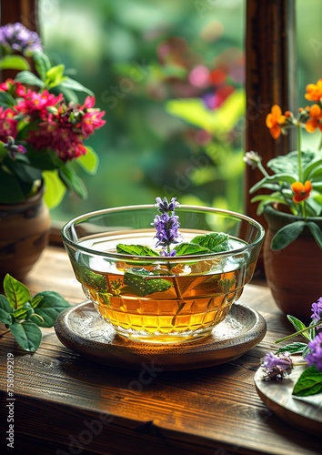 Bowl filled with herbal tea on a wooden table, surrounded by various herbs.