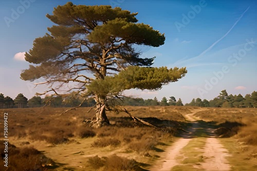 oak trees on a dirt road with a clear blue sky photo