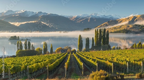 Serene morning on vineyard overlooking lake wanaka, new zealand - captivating scenery with grapevines in golden light