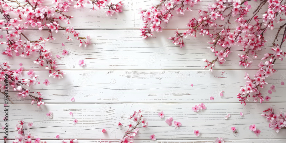 Fototapeta premium pink flowers on white wooden background, spring flower background. empty space for text