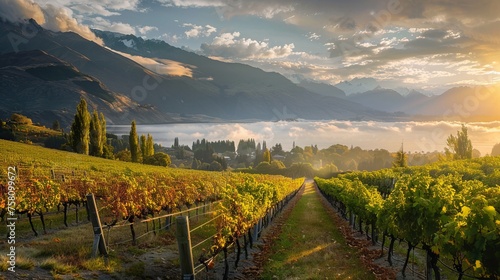 Serene morning on vineyard overlooking lake wanaka  new zealand - captivating scenery with grapevines in golden light