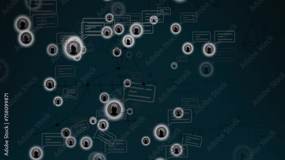 Animation of social media icons with speech bubbles over data processing on black background Animation of social media icons with speech bubbles over data processing on black background
