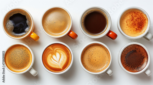 Assorted coffee cups on a white background