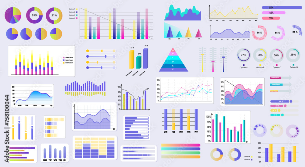 Business infographic elements set. Financial presentation visualization collection for analytics and statistics report. Colorful diagram, pie and flow charts, bar graphs and lines. vector illustration