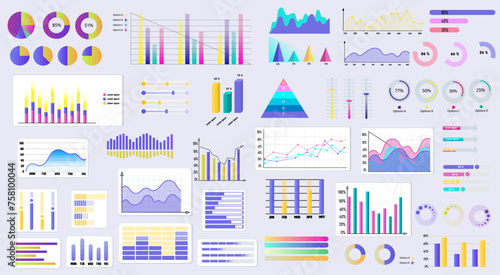 Business infographic elements set. Financial presentation visualization collection for analytics and statistics report. Colorful diagram, pie and flow charts, bar graphs and lines. vector illustration