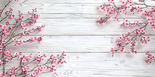  pink flowers  on white wooden background, spring  flower background. empty space for text