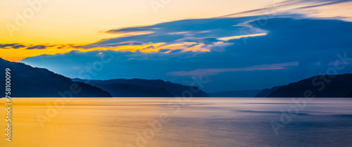 Saguenay river  Canada - August 18 2019  Stunning panoramic view of Sagueney River Valley during sunset