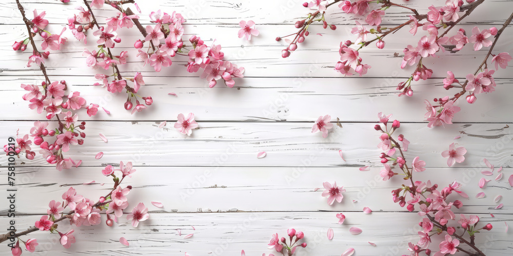 Fototapeta premium pink flowers on white wooden background, spring flower background. empty space for text