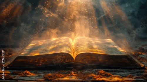 Illuminated Bible surrounded by light and flames on a dark background photo