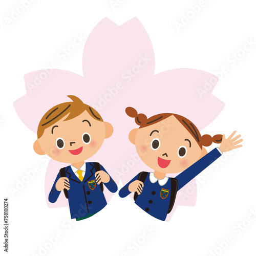 桜のシルエットと入学する子供達