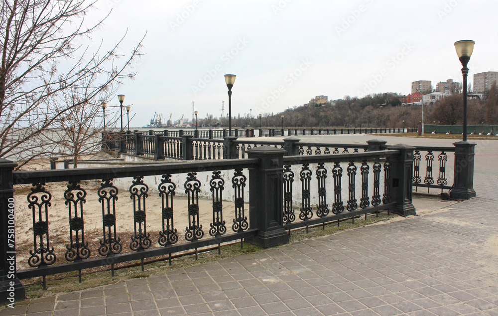 Russia, Taganrog. Pushkinskaya embankment and view of the city in March.