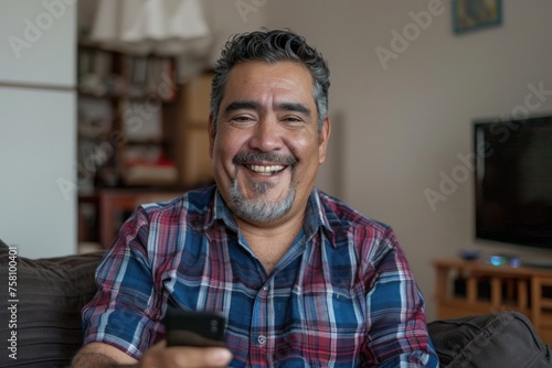 Portrait of happy man alone at home, hispanic man smiling and looking at camera, holding phone while sitting on sofa in living room of apartment house, Generative AI
