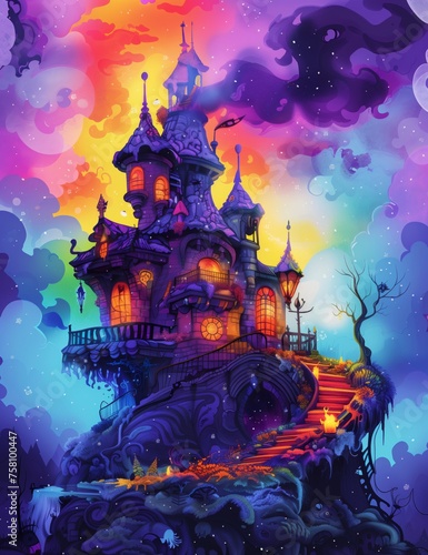 Spooky Poster of Haunted House, Gothic Spooky House, Fairy House, Witchy Wonderland, Fantasy , Magic , sketch, Dadaism, vivid colors, vibrant colors, neon colors.