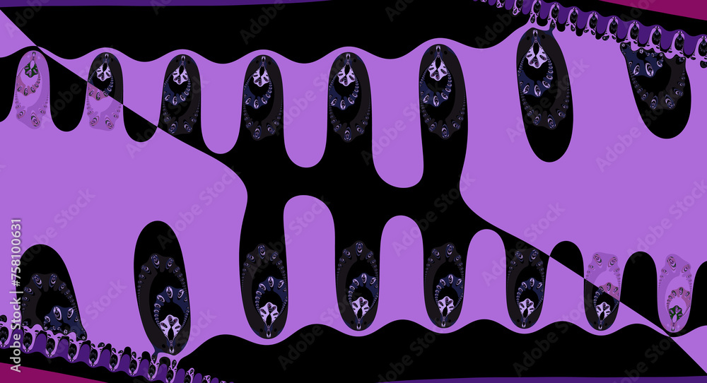 Fototapeta premium overlapping purple flower motif on a black coloured background a smooth curved design in Art Deco style