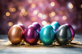 Shiny glitter easter eggs on festive bokeh background