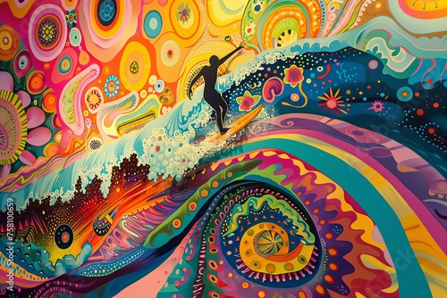 A painting showing a man skillfully surfing on a wave adorned with vibrant and colorful patterns. Generative AI