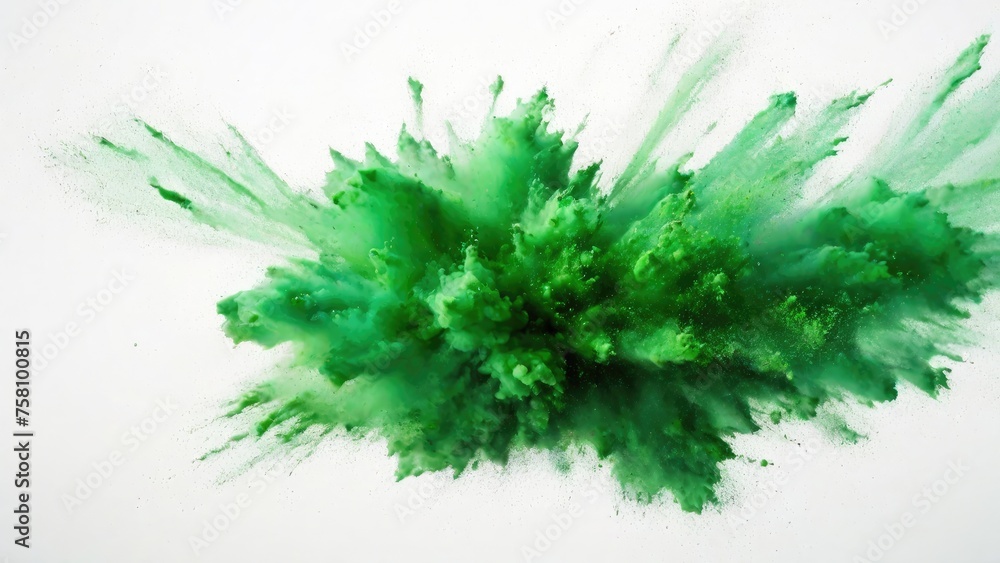Fototapeta premium Green powder exploding, Abstract dust explosion on a white background
