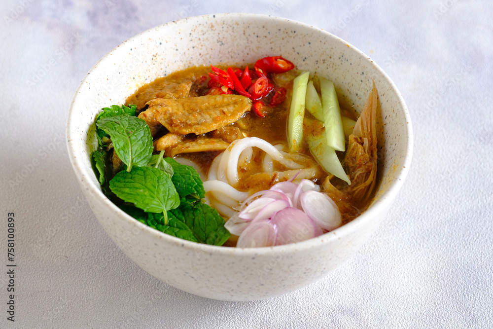 laksa ikan, asam laksa, rice noodle,vegetables, filet fish with sour soup, popular in penang