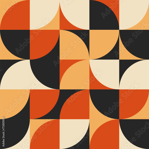 Bauhaus seamless pattern, geometric print, red black orange. Vector abstract bauhaus shapes. Modern circles  and squares