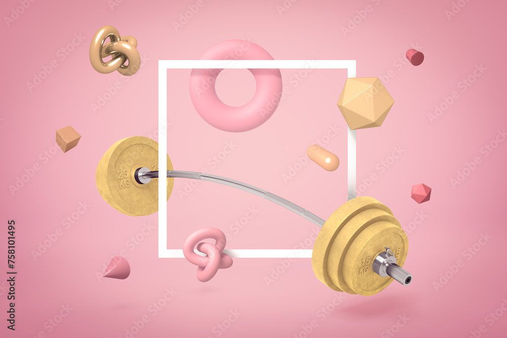 3d rendering of metal training bar-bell with random objects on pink background