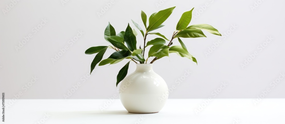 Ceramic vase with foliage on white backdrop Ceramic vase with foliage on white backdrop