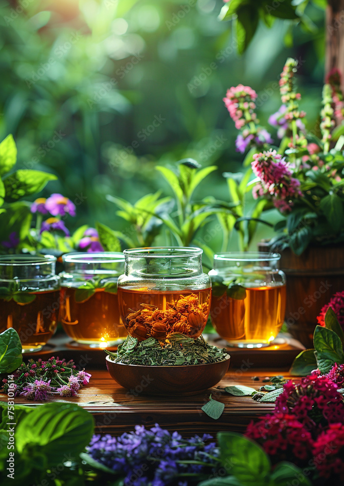 Bowl filled with herbal tea on a wooden table, surrounded by various herbs. Bowl filled with herbal tea on a wooden table, surrounded by various herbs.