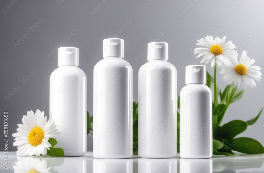 white bottles without inscriptions for shampoo on a white background with flowers in backlight with space for text white bottles without inscriptions for shampoo on a white background with flowers in backlight with space for text