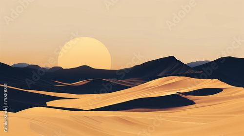 
A minimalist desert landscape illustration captures the serene beauty of sand dunes at sunset with a large sun hanging low in the sky.