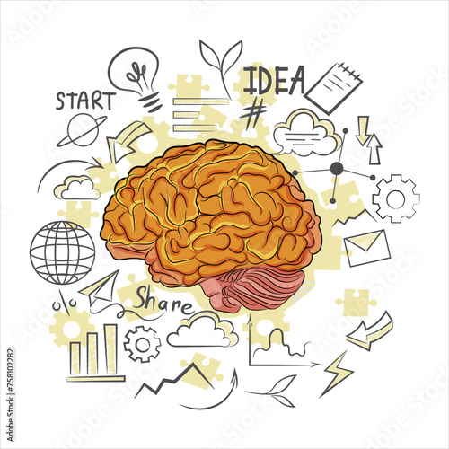 Wonderful realistic design image of brain consists of cerebral cortex, neurons. Concept of creative idea, creativity. Light bulb and globe, startup sketch around. Vector illustration