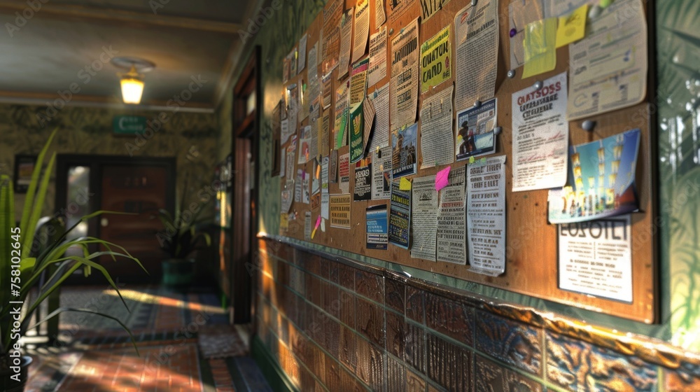 Colorful Community Bulletin Board in Cozy Hallway