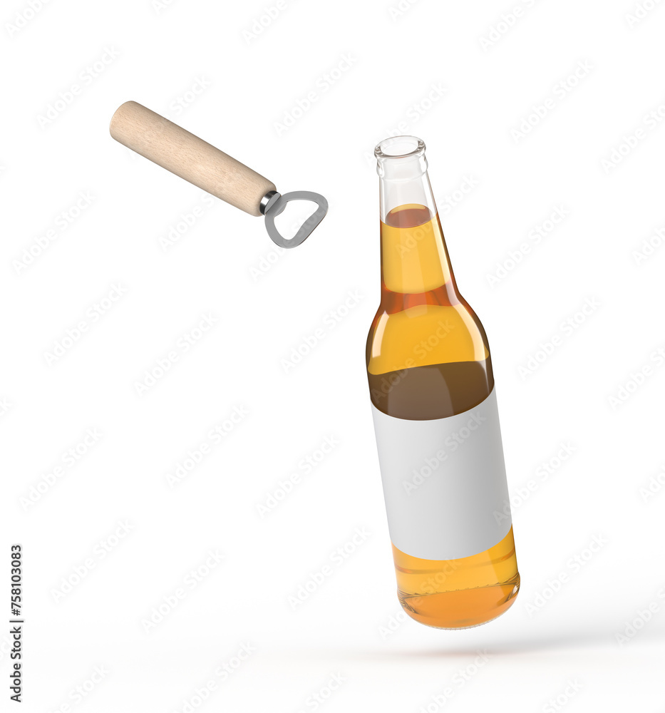 Amber beer bottle tilted with bottle opener Amber beer bottle tilted with bottle opener