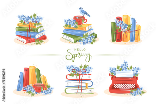 Big set of reading elements for  bookshop, library, bookstore or education. Books, cup coffee with spring flowers. Vector illustration on white background