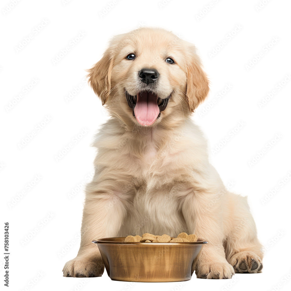 Happy Golden Retriever puppy with food, sitting in front, PNG file of isolated cutout object with on transparent background.