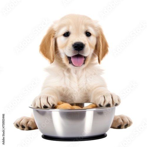 Happy Golden Retriever puppy with food, sitting in front, PNG file of isolated cutout object with on transparent background.